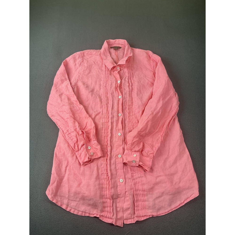 Tommy Bahama Tunic Womens L Pink Linen Button-Up Tunic Long Sleeve Ruffle Pleat